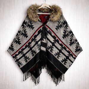 Coffee Shop Aztec Fringe Cardigan Faux Fur Collar Boho Western Wrap OS